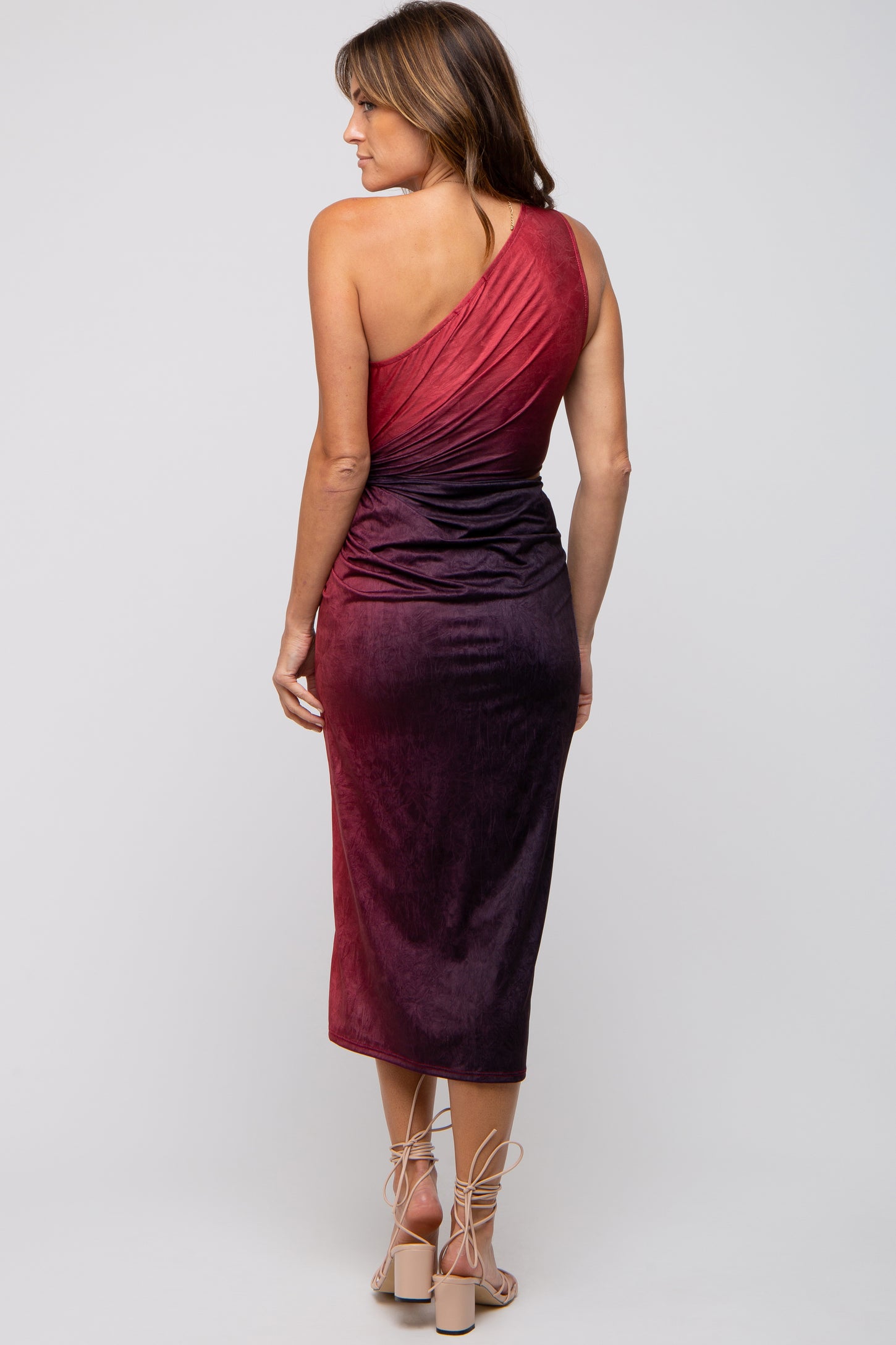 Burgundy One Shoulder Side Cutout Ruched Midi Dress PinkBlush Burgundy One Shoulder Side Cutout Ruched Midi Dress PinkBlush