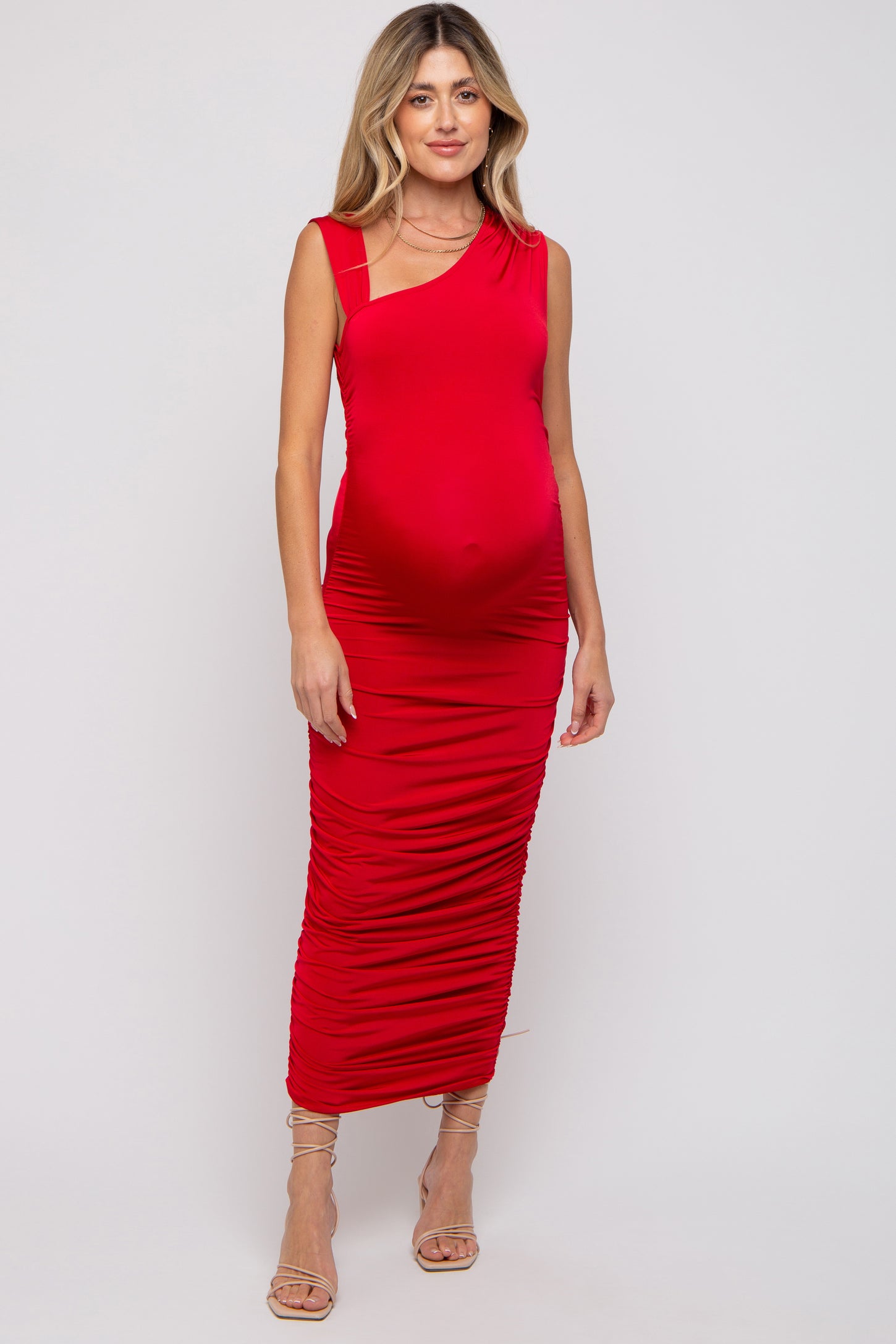 Red Asymmetrical Ruched Maternity Midi Dress PinkBlush Red Asymmetrical Ruched Maternity Midi Dress PinkBlush