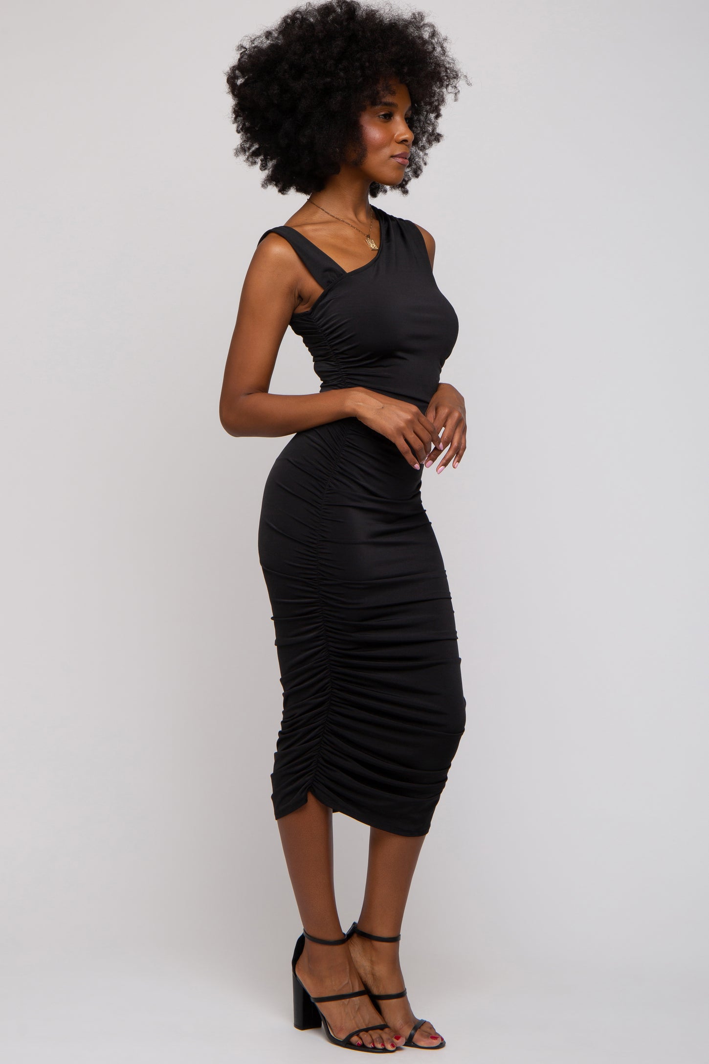 Black Asymmetrical Ruched Midi Dress PinkBlush Black Asymmetrical Ruched Midi Dress PinkBlush