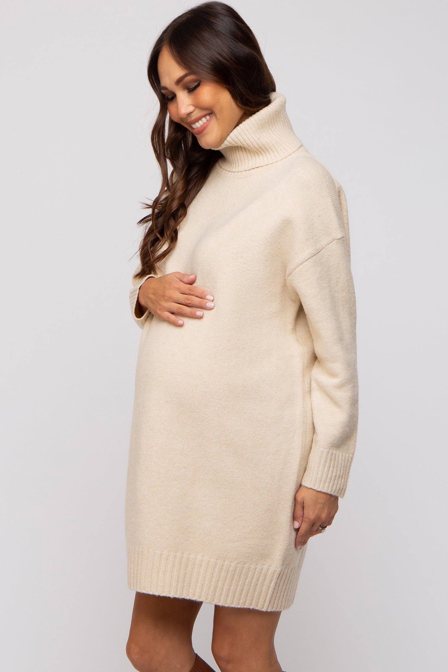 Beige Turtleneck Maternity Sweater Mini Dress PinkBlush Beige Turtleneck Maternity Sweater Mini Dress PinkBlush