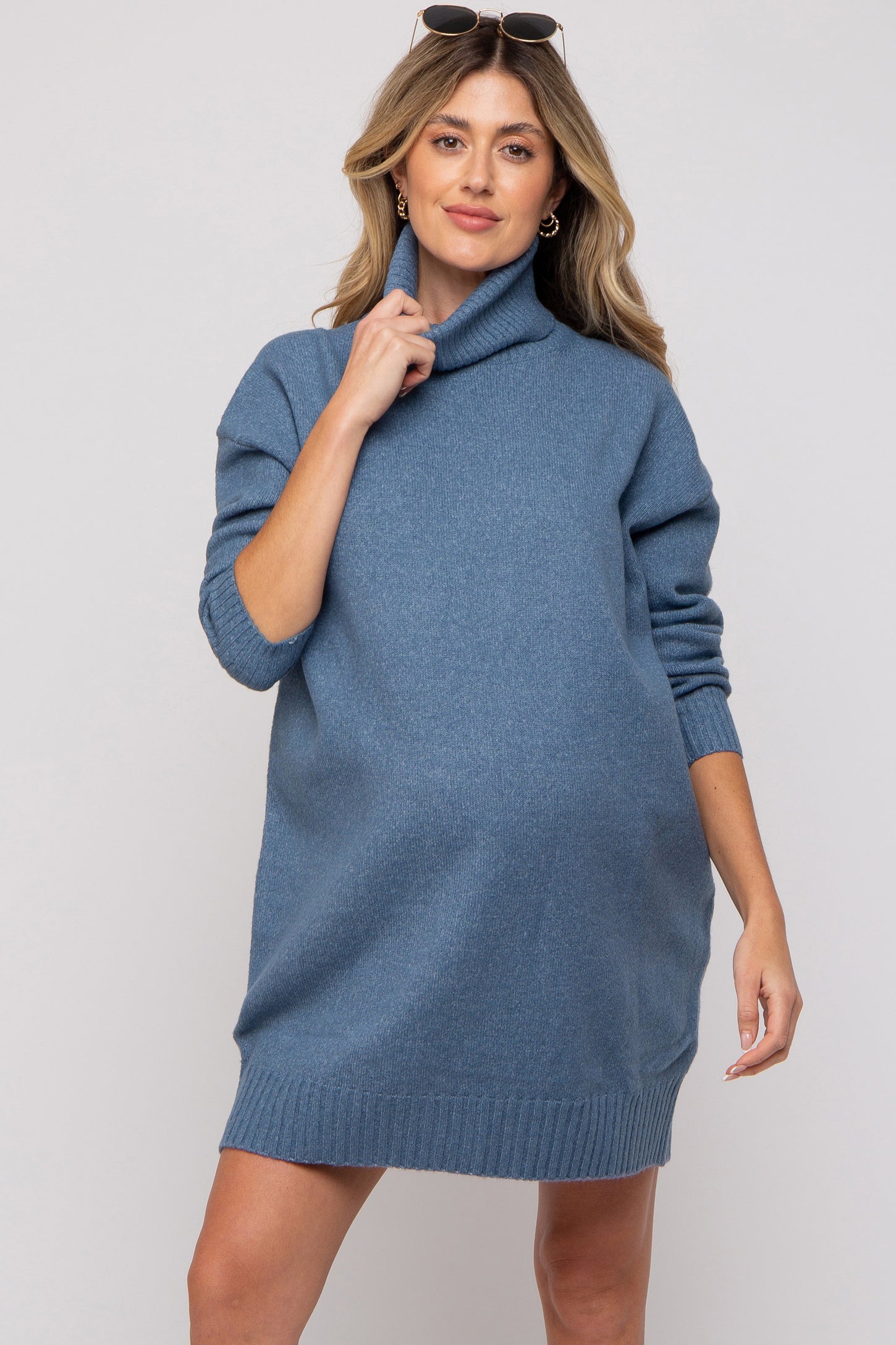 Blue Turtleneck Maternity Sweater Mini Dress– PinkBlush