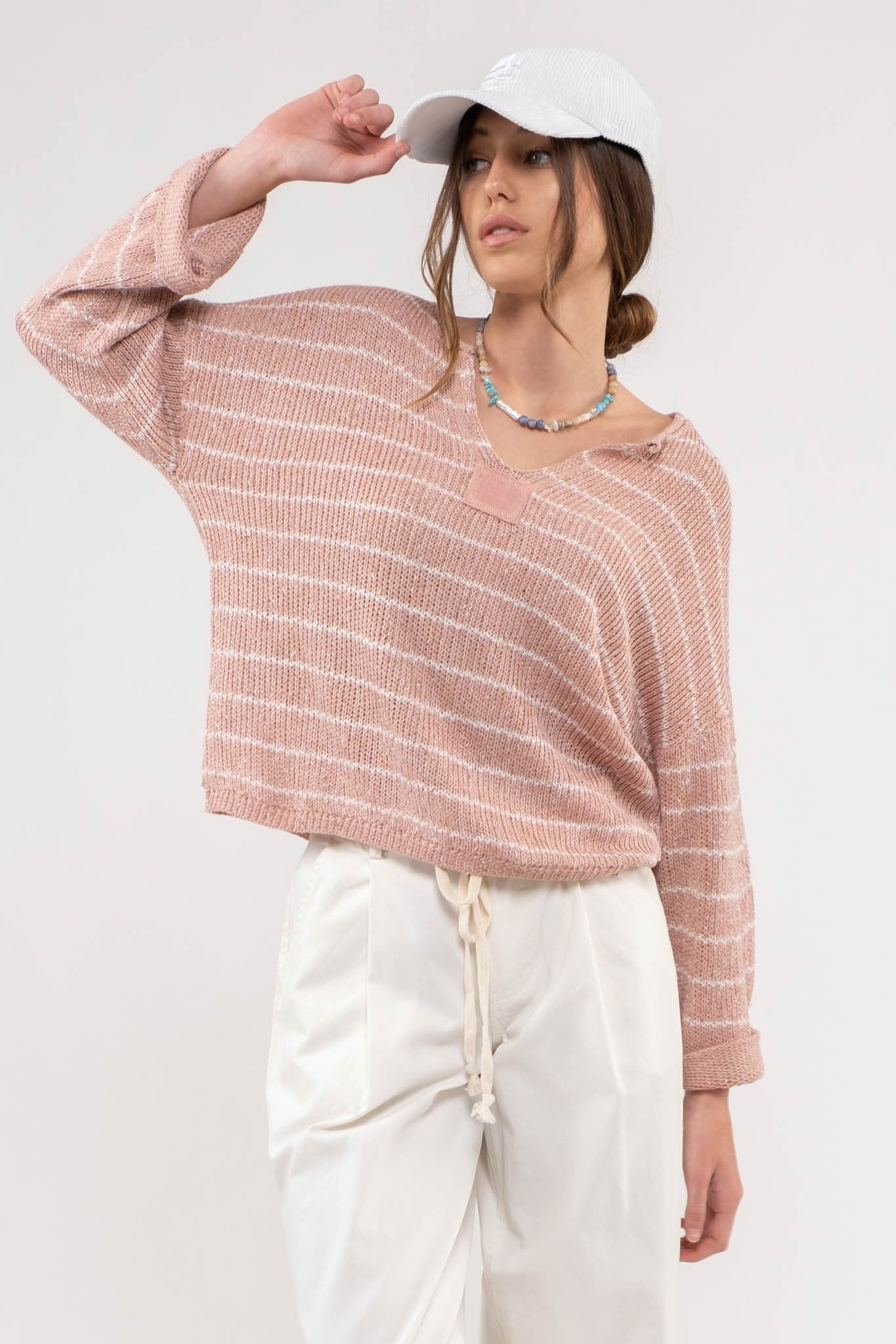Mauve Striped Drop Shoulder Knit Sweater