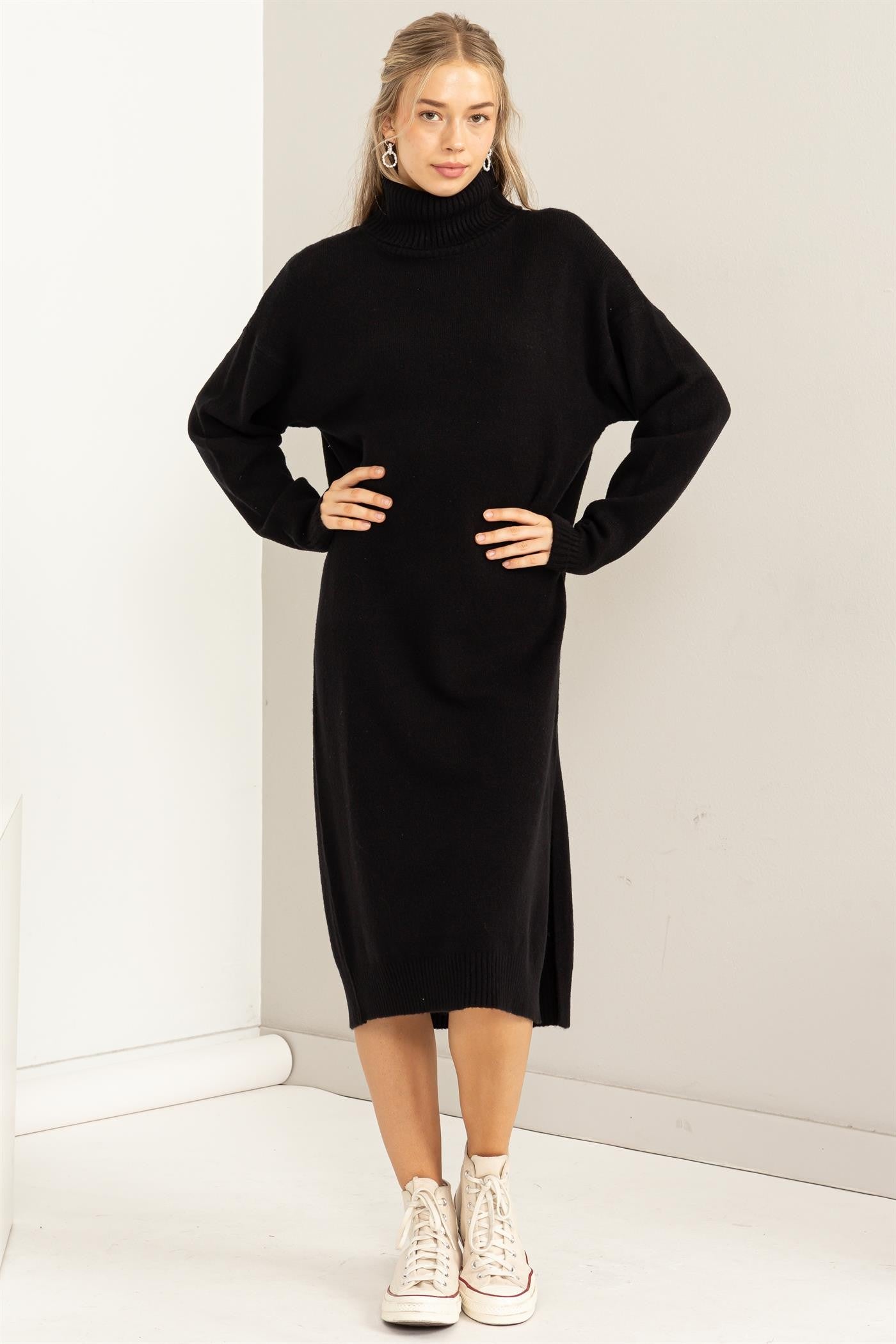 Black Turtleneck Side Slit Sweater Midi Dress Black Turtleneck Side Slit Sweater Midi Dress