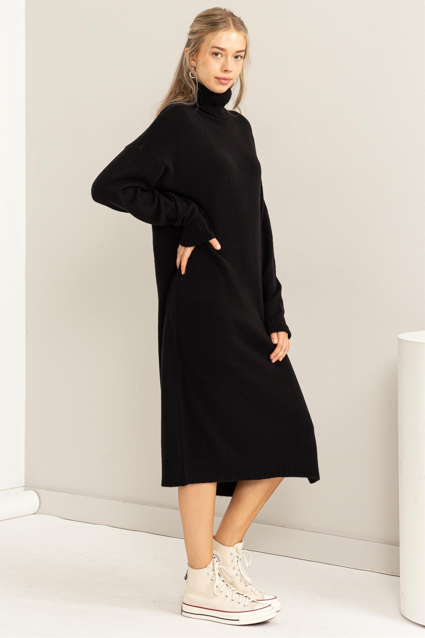 Black Turtleneck Side Slit Sweater Midi Dress Black Turtleneck Side Slit Sweater Midi Dress