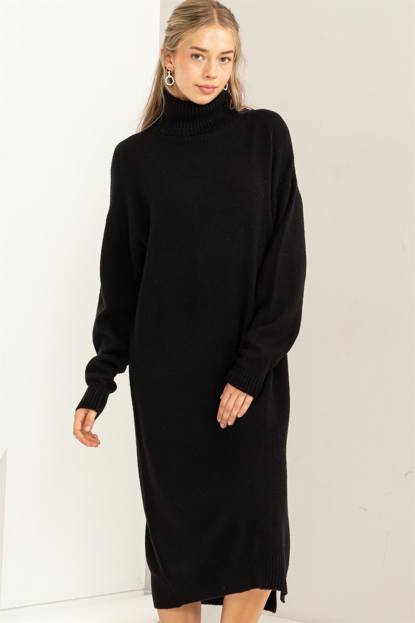 Black Turtleneck Side Slit Maternity Midi Sweater Dress Small