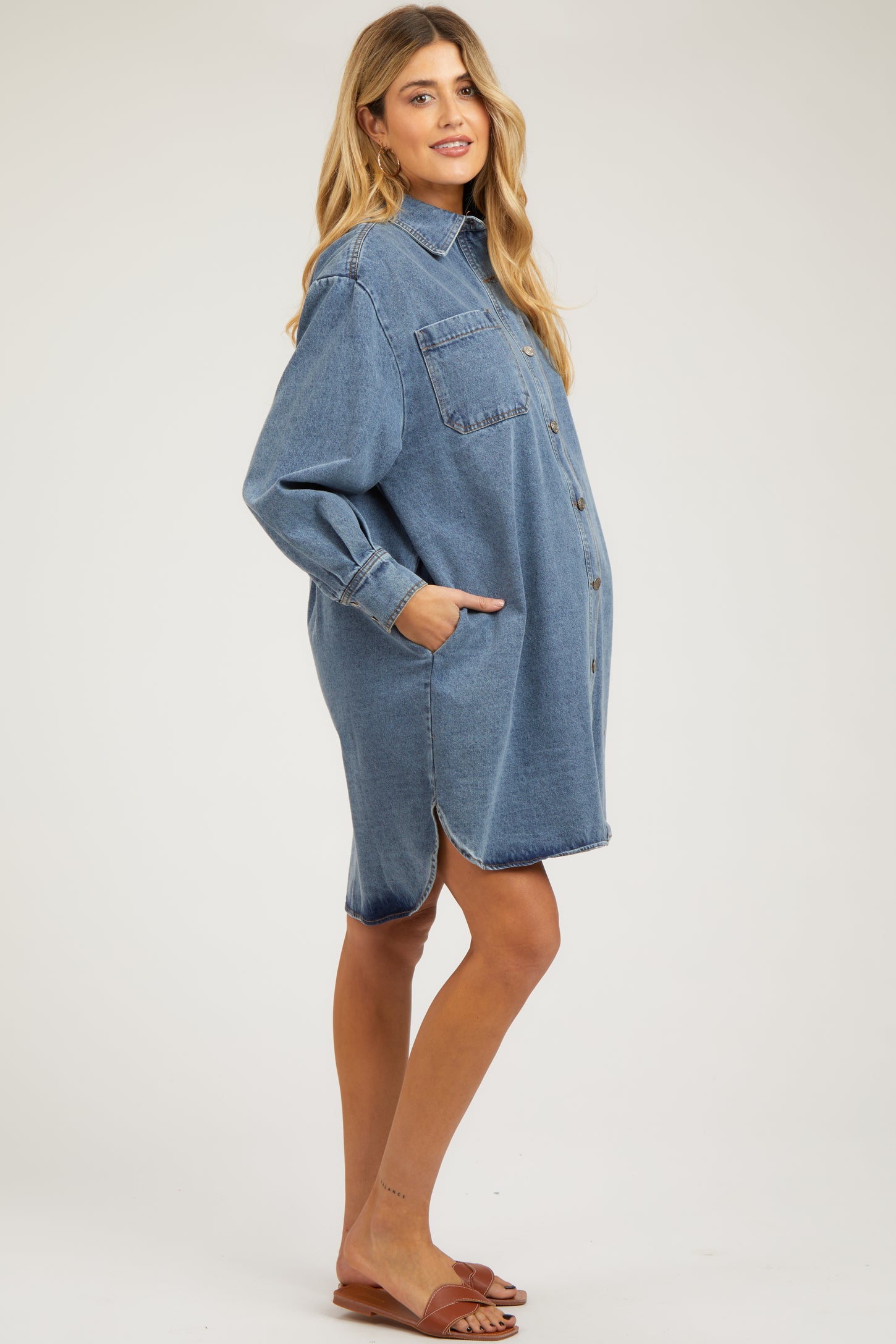 Blue Denim Button Up Front Pocket Maternity Dress – PinkBlush