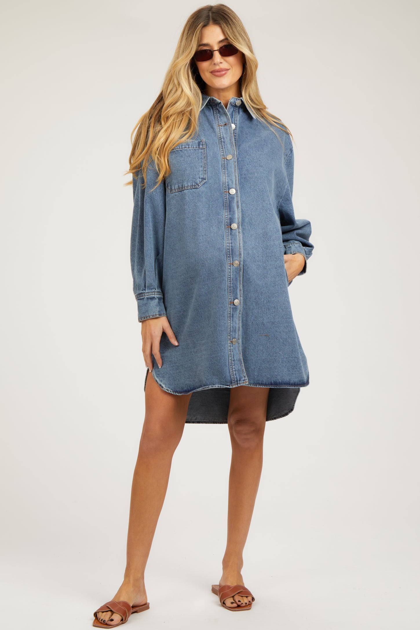 Blue Denim Button Up Front Pocket Maternity Dress – PinkBlush