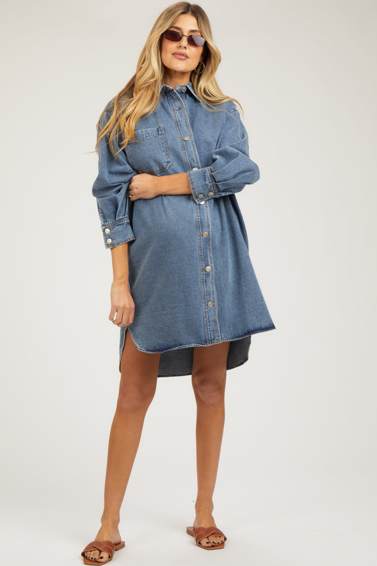 Blue Denim Button Up Front Pocket Maternity Dress – PinkBlush