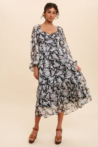 black floral embroidered chiffon maxi dress Stunning Women's Black Long Dress with Adjustable Straps