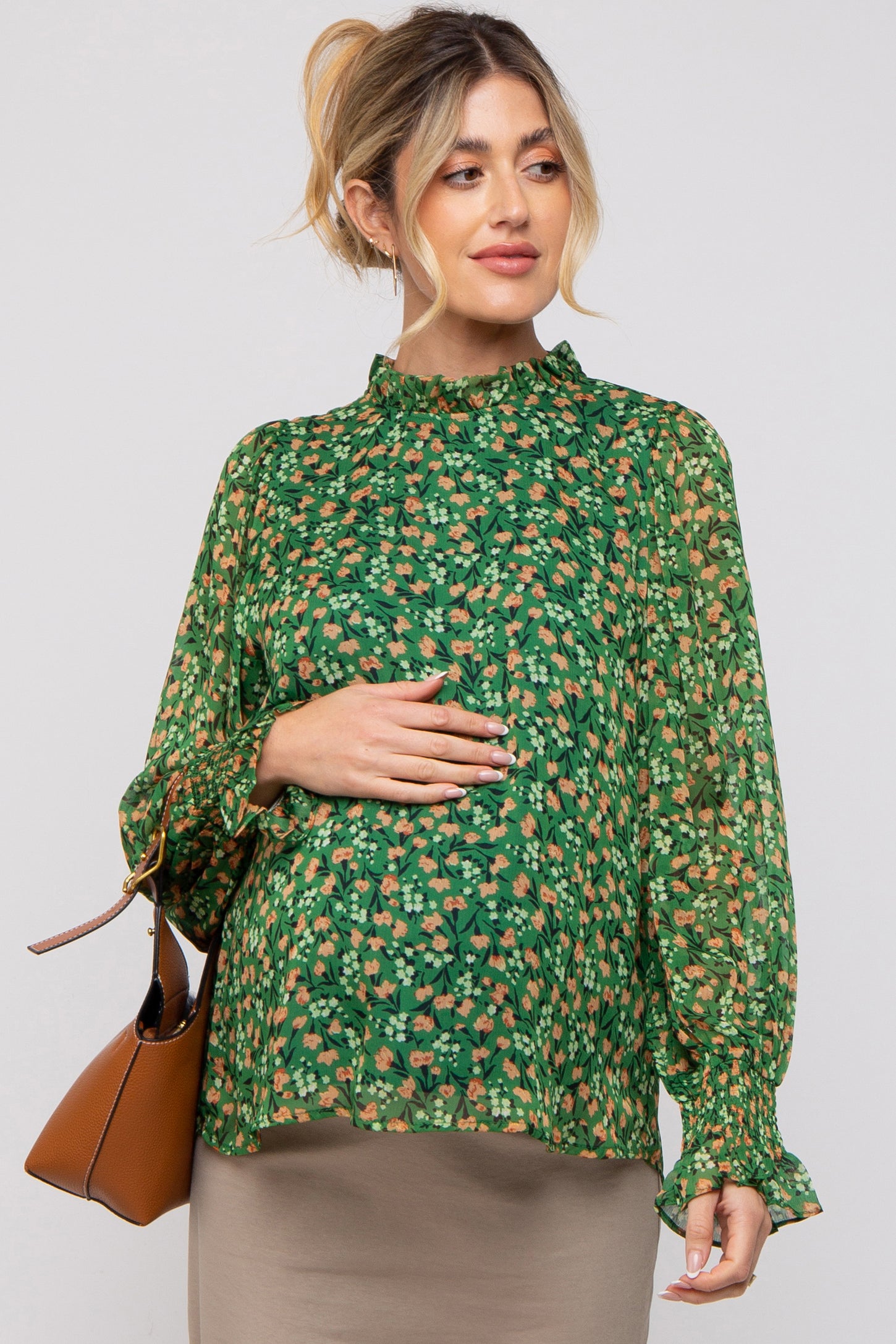 Green Floral Balloon Sleeve Maternity Blouse PinkBlush