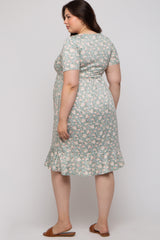 Light Olive Floral Knit Short Sleeve Maternity Plus Dress