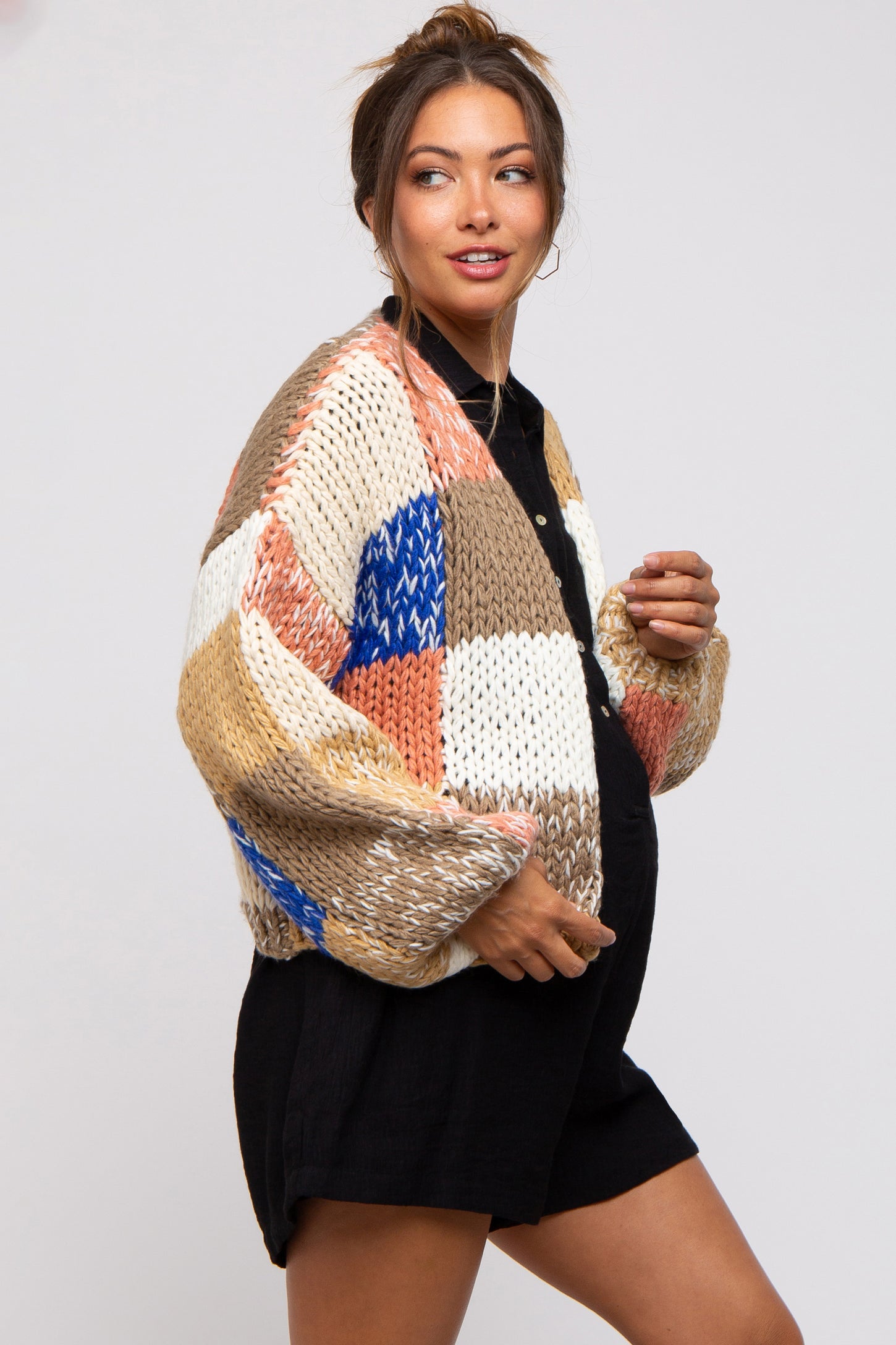 Brown Color Block Checkered Thick Knit Maternity Cardigan– PinkBlush