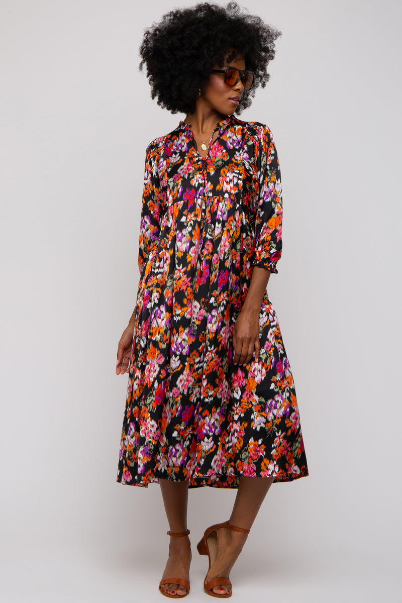 Black Floral Satin Ruffle Neck Midi Dress – PinkBlush