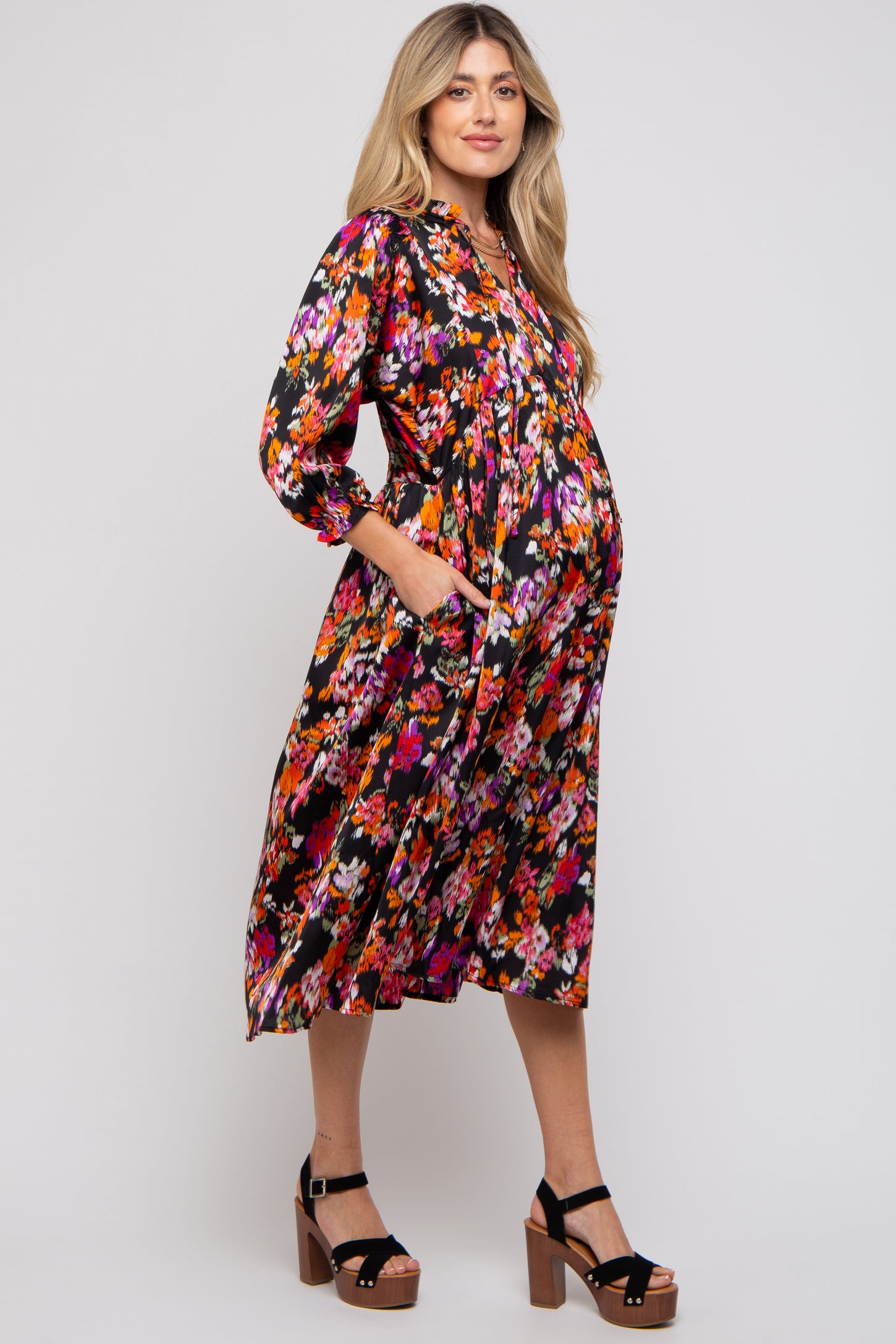 Black Floral Satin Ruffle Neck Maternity Midi Dress – PinkBlush