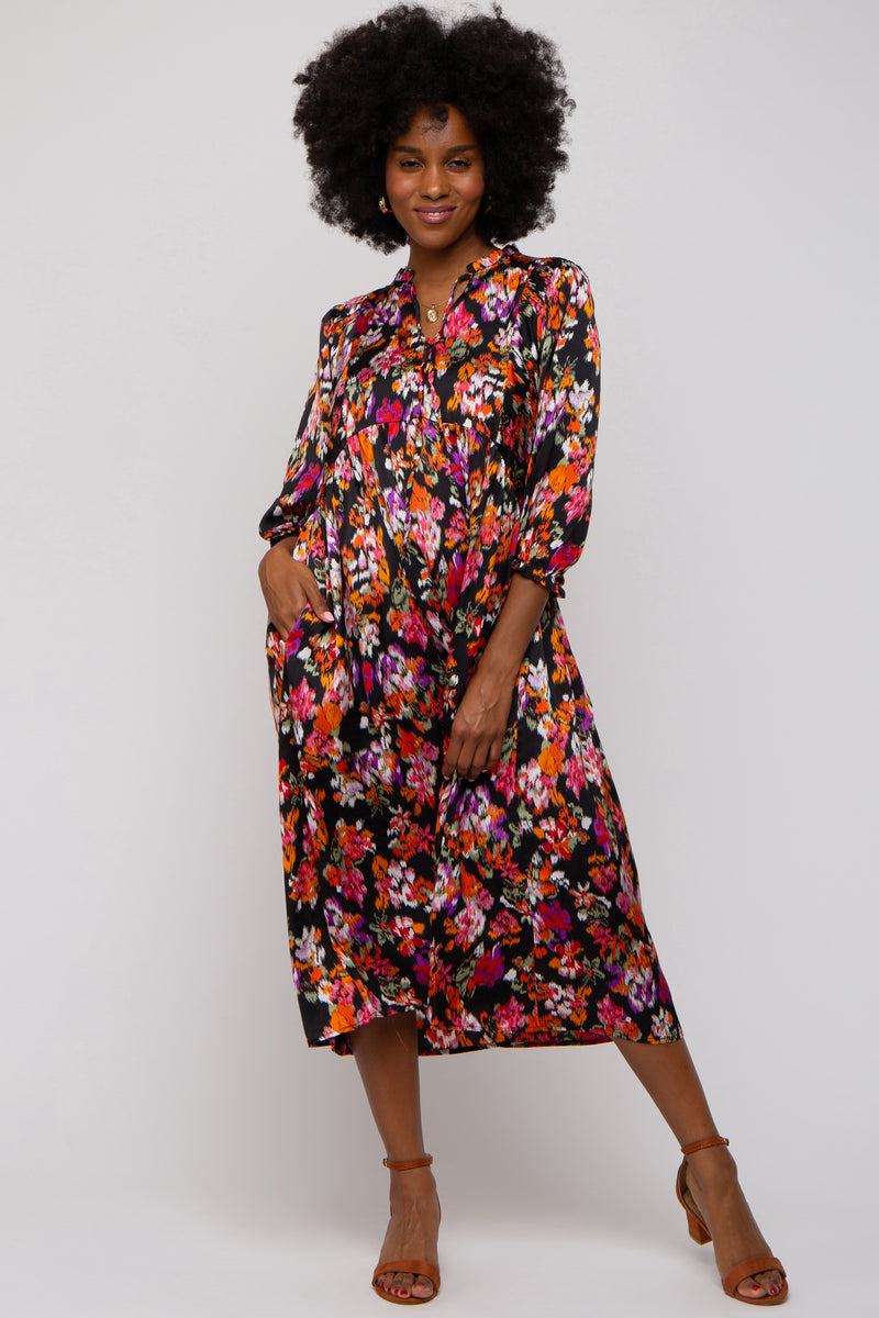 Black Floral Satin Ruffle Neck Midi Dress – PinkBlush