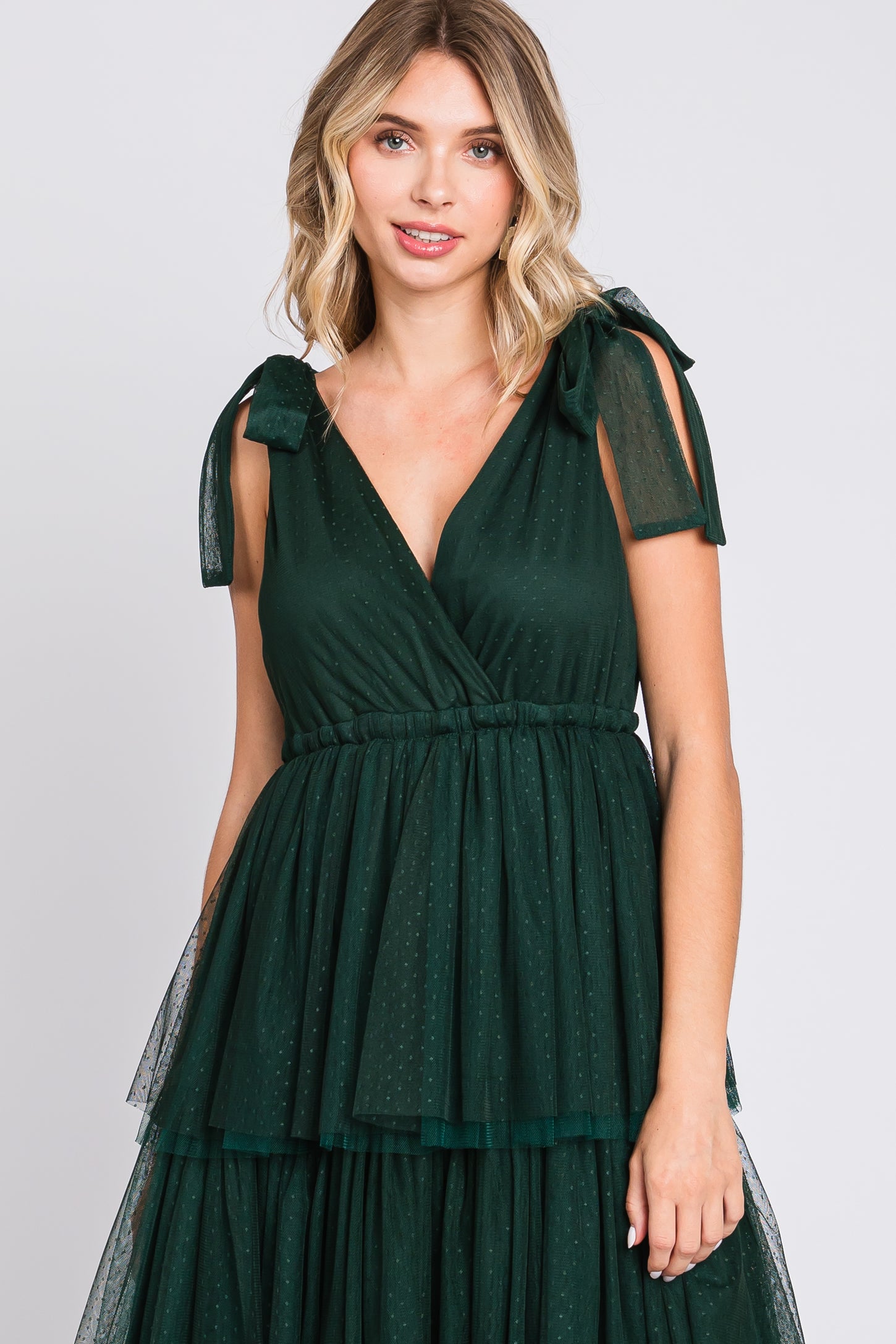 Forest Green Sleeveless Tiered Tie Strap Tulle Midi Dress PinkBlush Forest Green Sleeveless Tiered Tie Strap Tulle Midi Dress PinkBlush