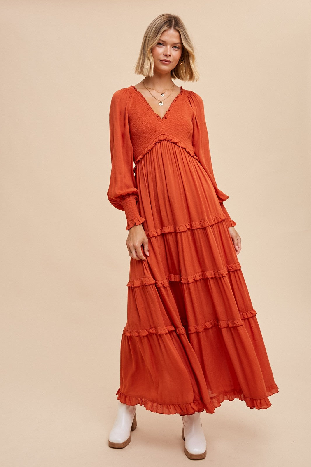 chinese dress ladies Rust Smocked Ruffle Tiered Maxi Dress