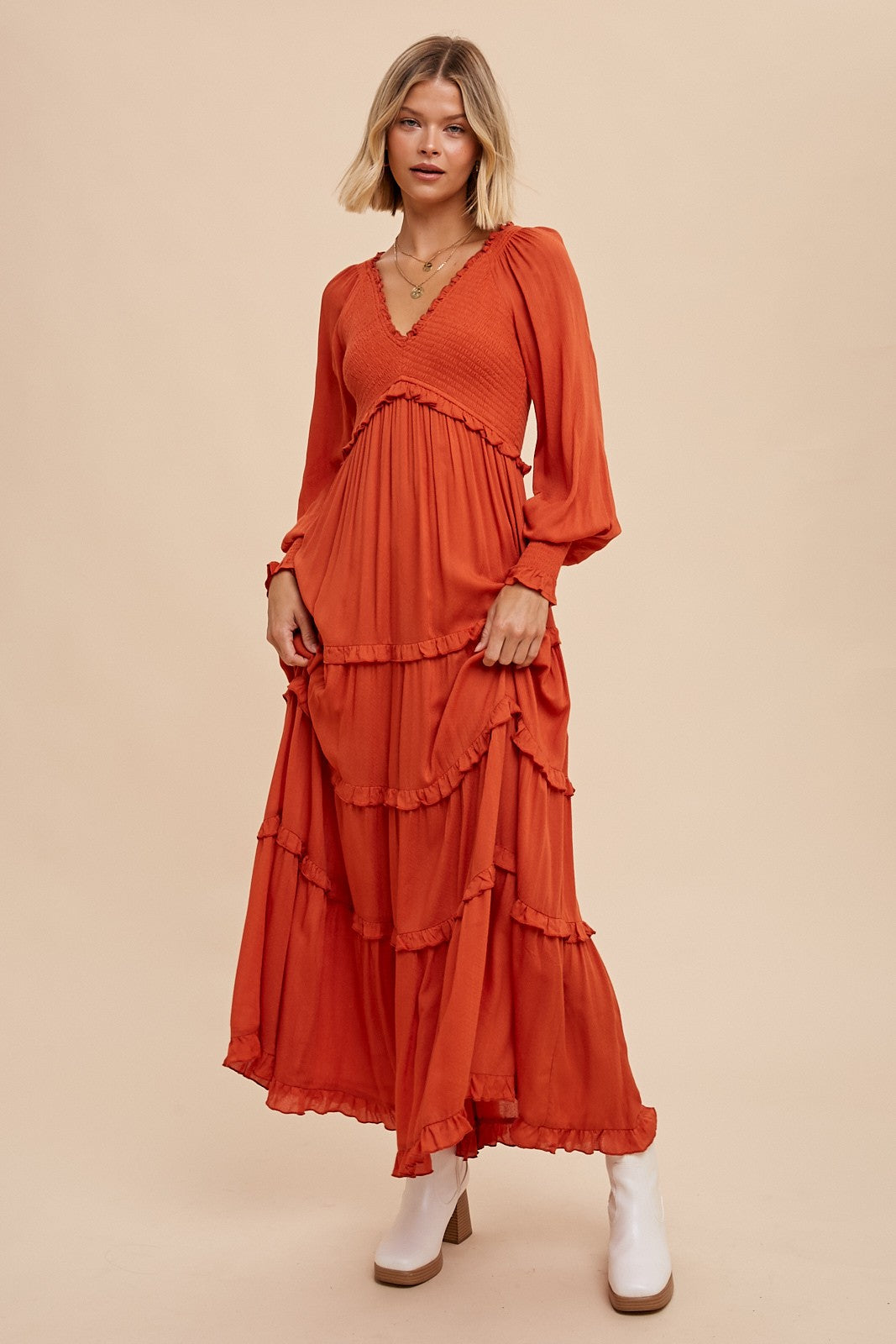 Maxi Dress Ruffle Smock Dress Rust Smocked Ruffle Tiered Maxi Dress PinkBlush Maxi Dress Ruffle Smock Dress Rust Smocked Ruffle Tiered Maxi Dress PinkBlush