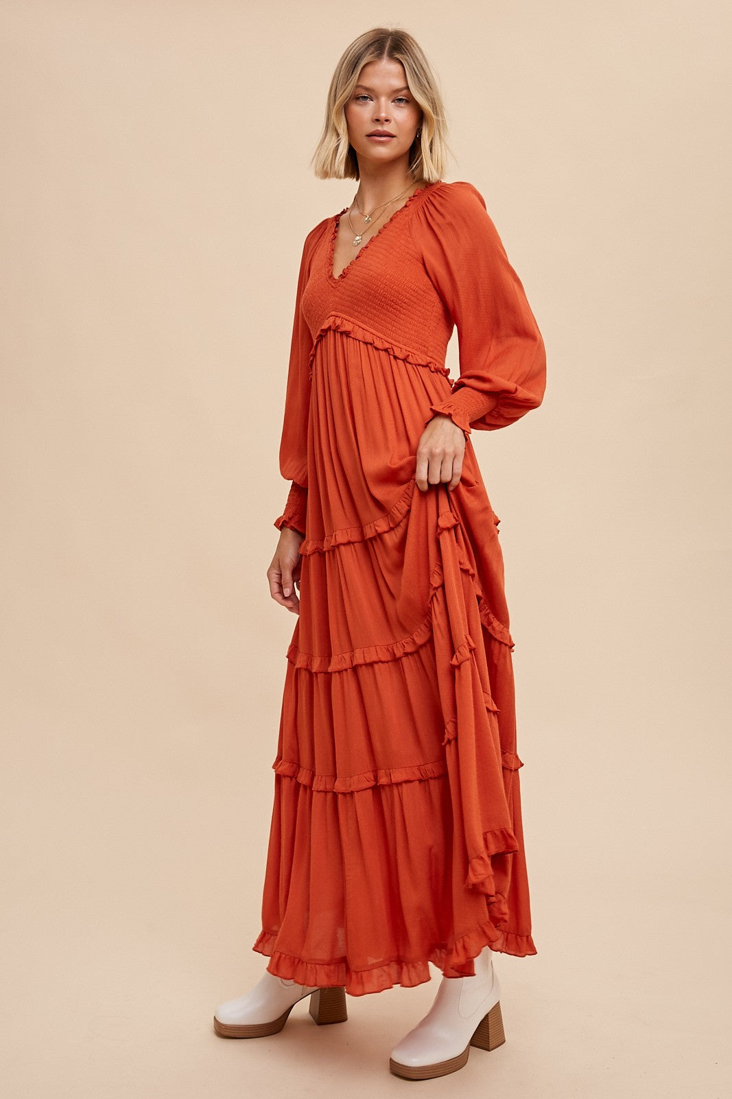 Rust Smocked Ruffle Tiered Maxi Dress PinkBlush Rust Smocked Ruffle Tiered Maxi Dress PinkBlush