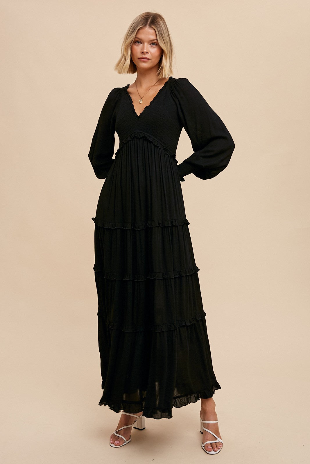 Storia Smocked Ruffle Strap Tiered Maxi Dress