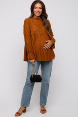 Camel Lace Ruffled Neck Maternity Top