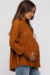 Camel Lace Ruffled Neck Maternity Top