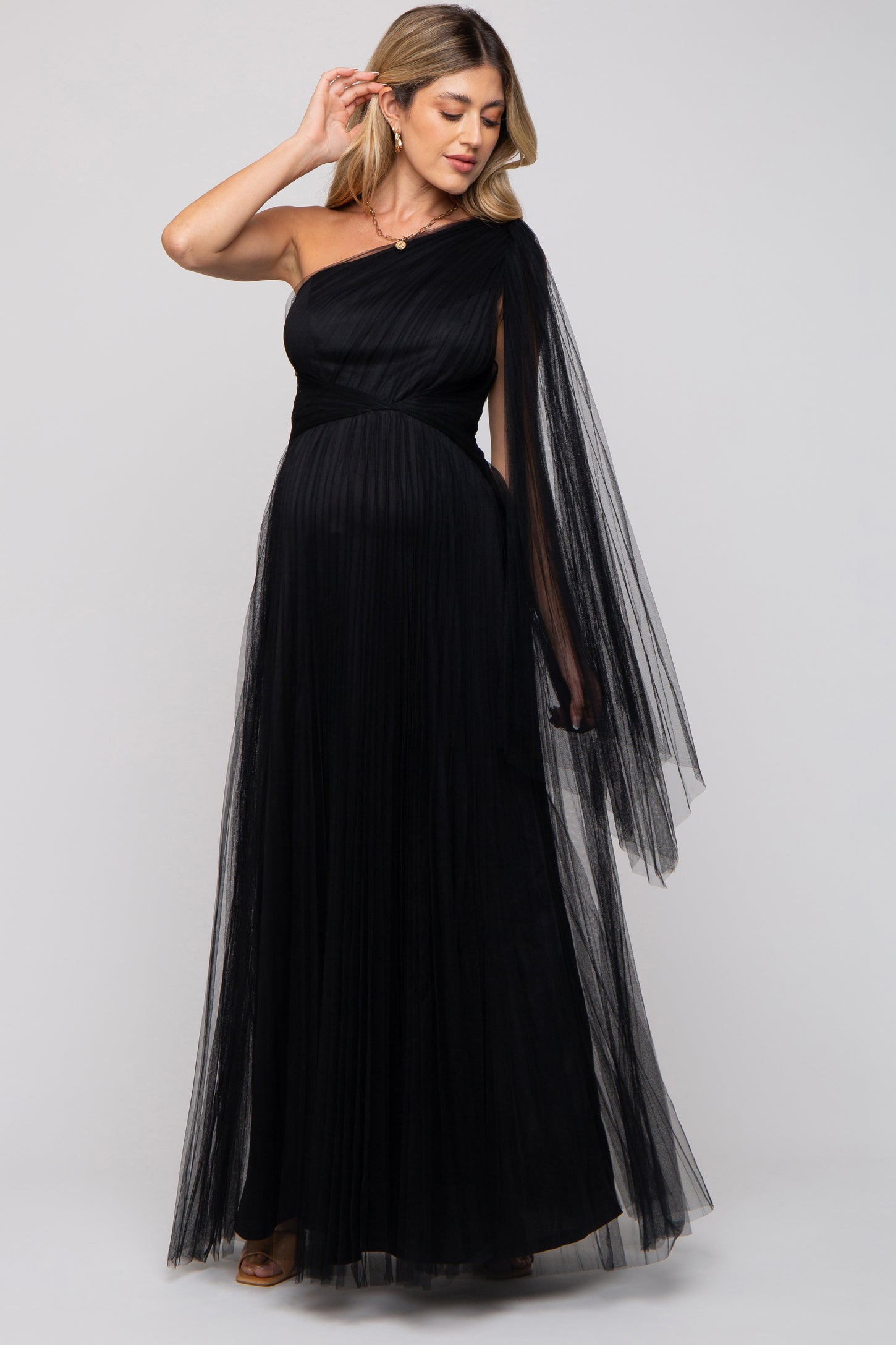Black One Shoulder Pleated Mesh Maternity Gown PinkBlush Black One Shoulder Pleated Mesh Maternity Gown PinkBlush