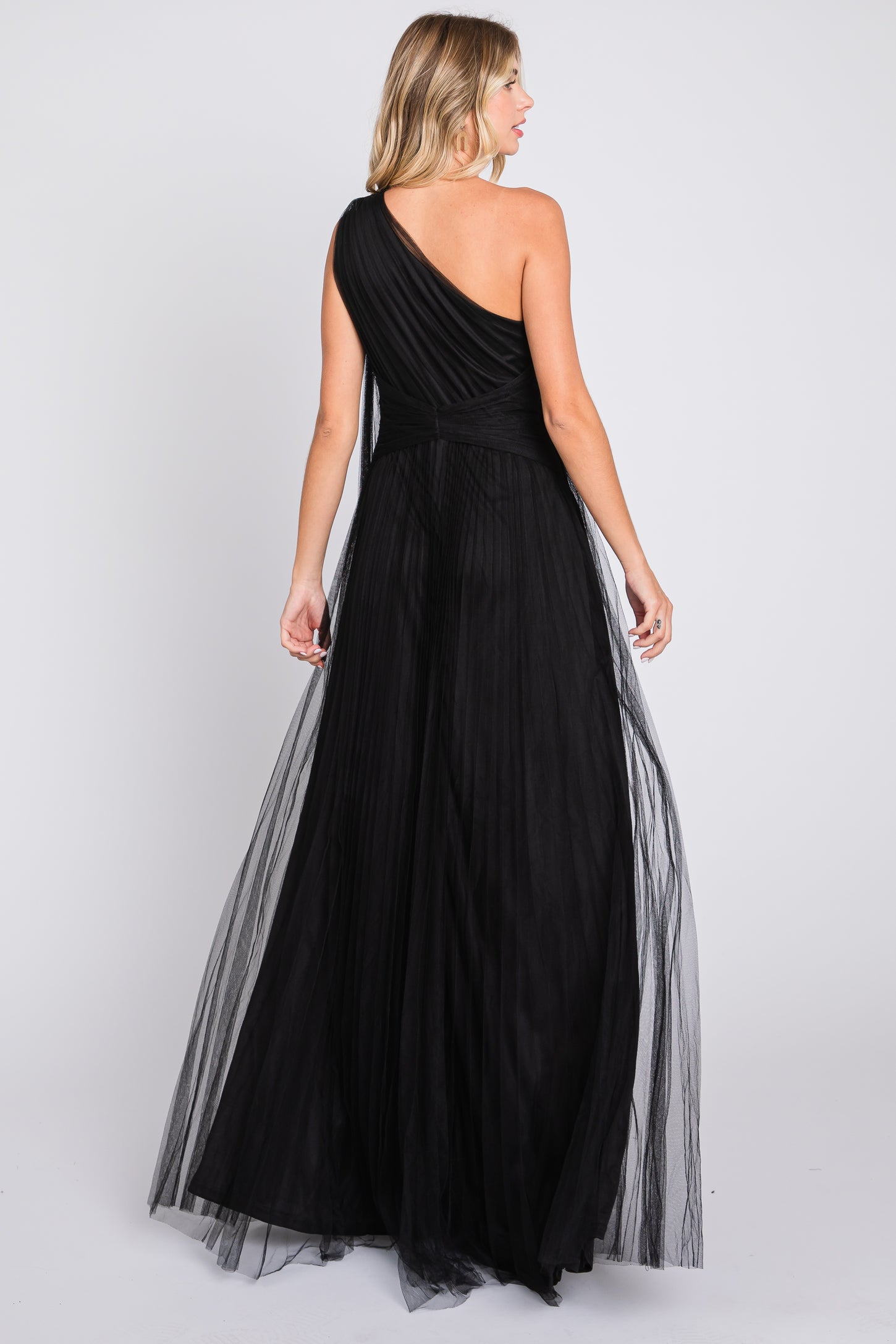 Black One Shoulder Pleated Mesh Gown