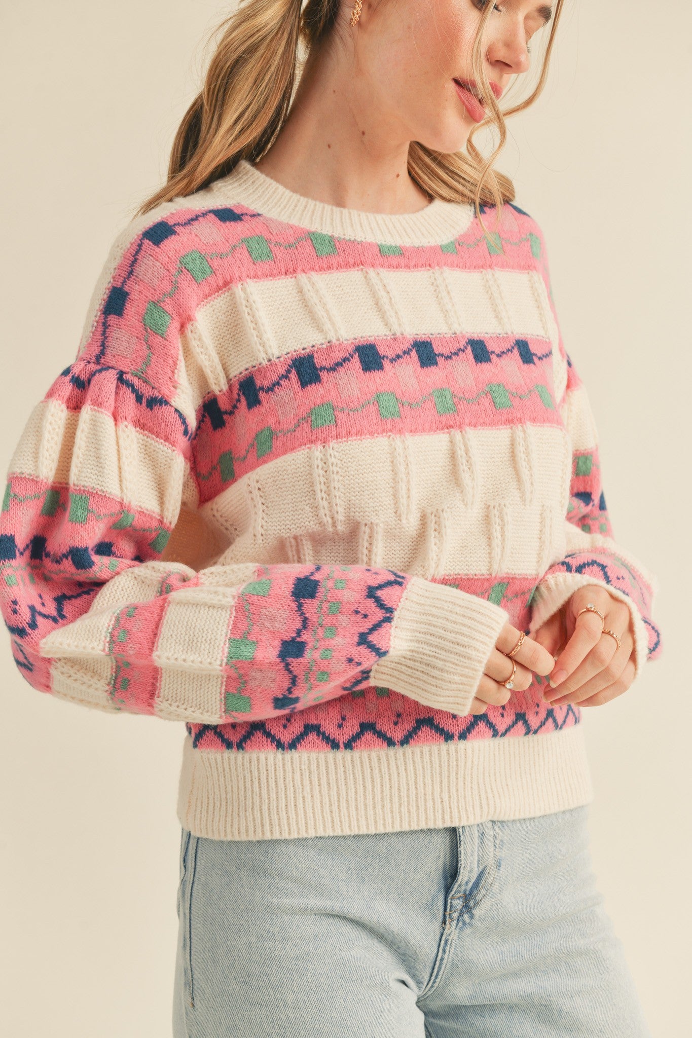 Ivory Pink Mixed Stripe Knit Long Sleeve Sweater