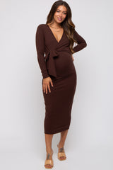 Brown Ribbed Long Sleeve Maternity Wrap Dress