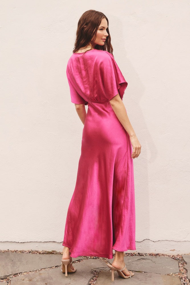 Pink Magenta Satin Blouson Maxi Dress
