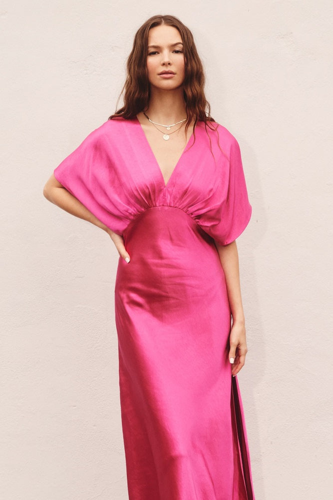 Pink Magenta Satin Blouson Maxi Dress