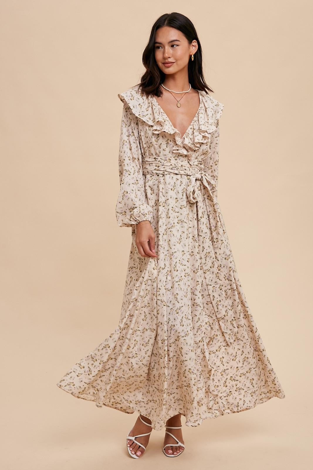 Cream Floral Ruffle V-Neck Wrap Front Maxi Dress PinkBlush Cream Floral Ruffle V-Neck Wrap Front Maxi Dress PinkBlush