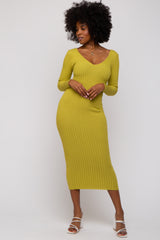 Lime V-Neck Long Sleeve Fitted Maxi Dress