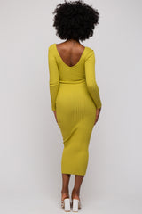 Lime V-Neck Long Sleeve Fitted Maxi Dress