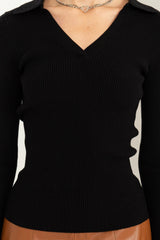 Black Long-Sleeve Collared Ribbed Top