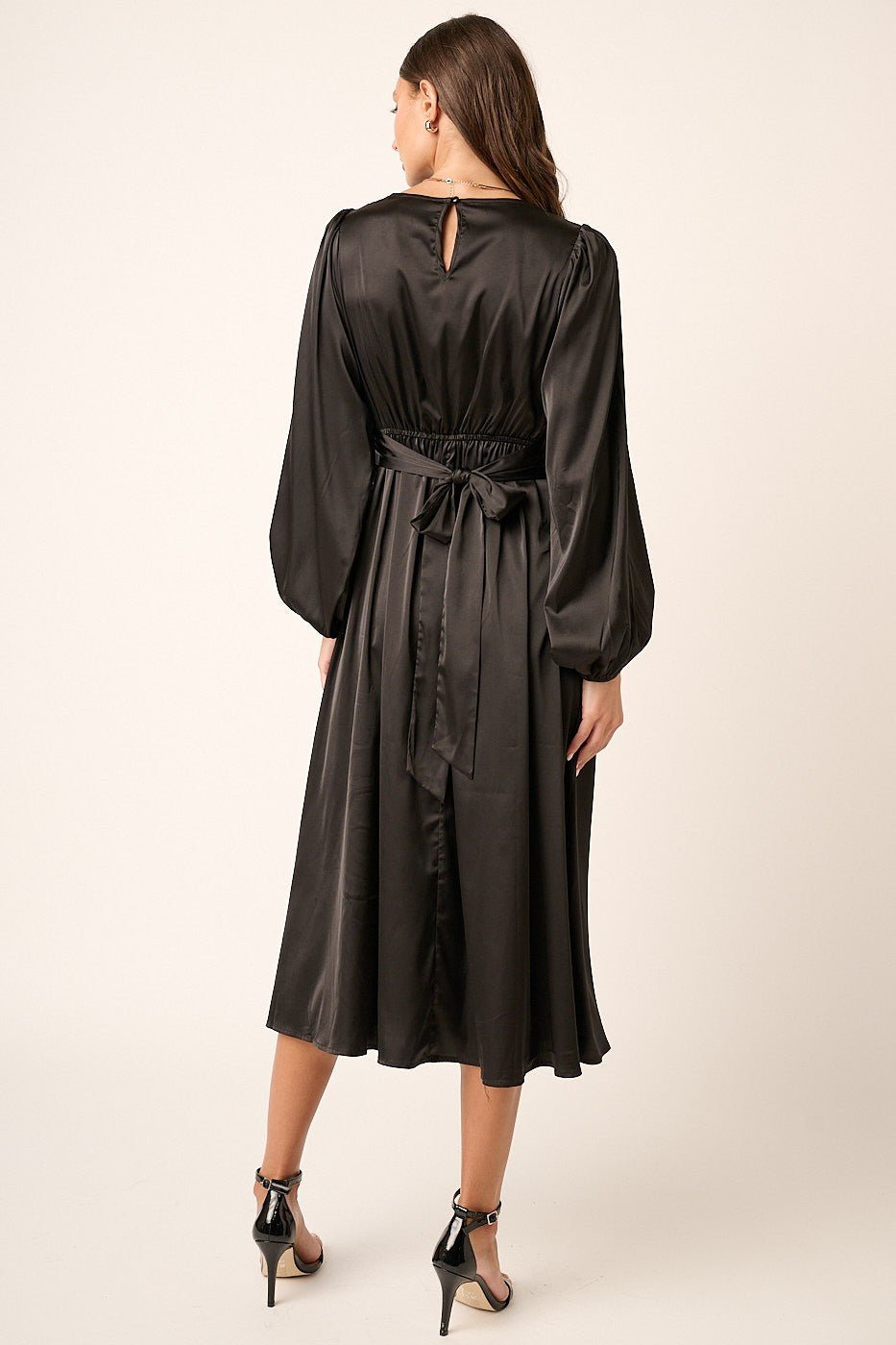 Black Satin Twist Front Detail Midi Dress