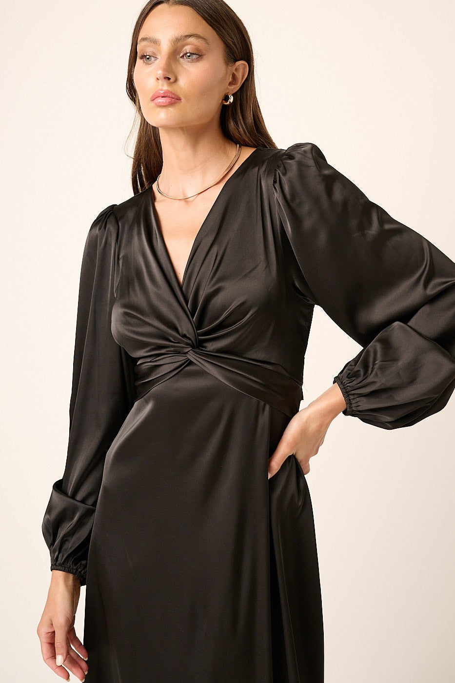Black Satin Twist Front Detail Midi Dress
