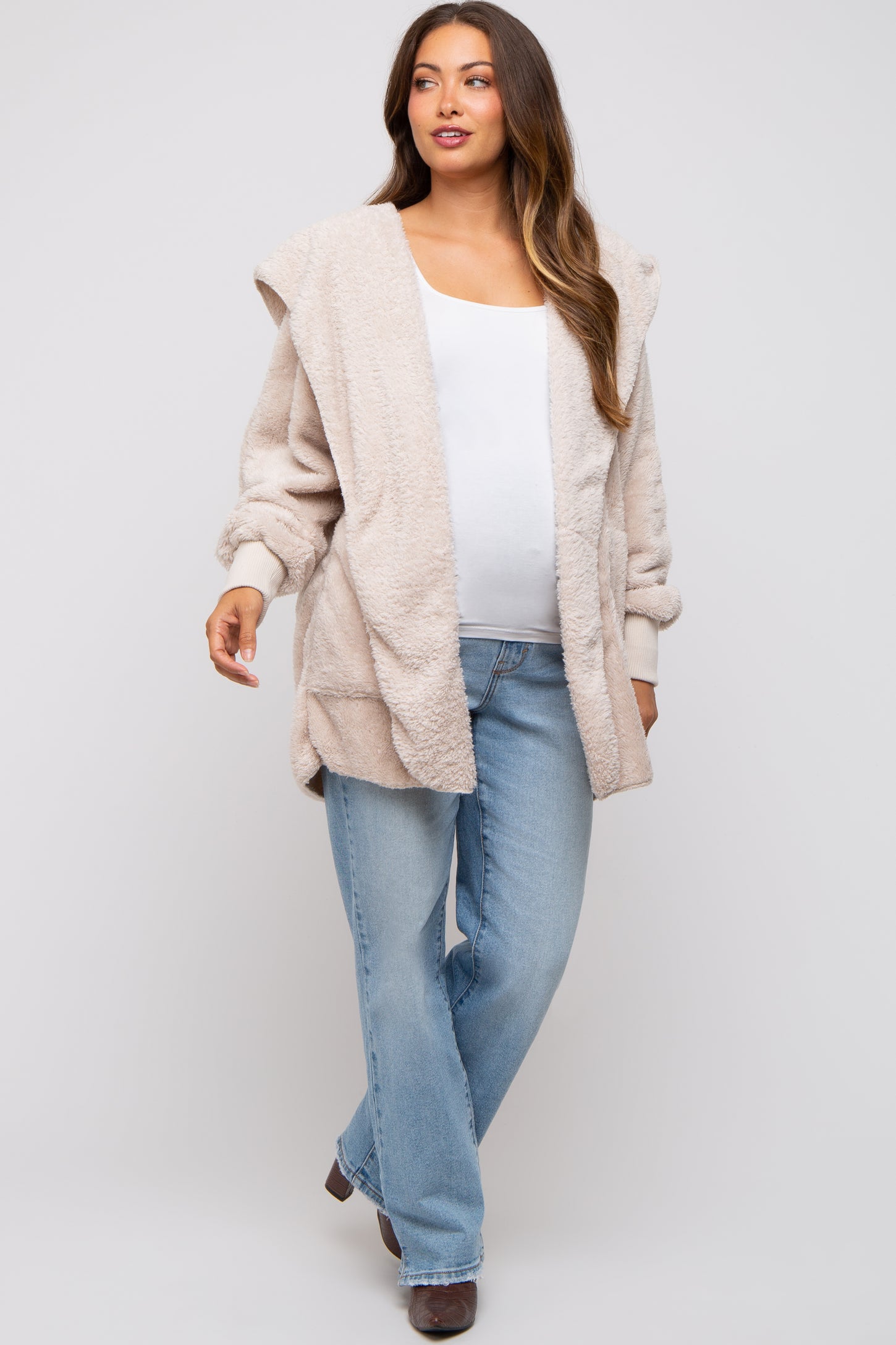 Cream Fuzzy Hooded Long Sleeve Maternity Jacket