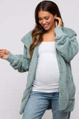 Mint Green Fuzzy Hooded Long Sleeve Maternity Jacket