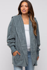 Teal Grey Fuzzy Hooded Long Sleeve Maternity Jacket