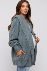 Teal Grey Fuzzy Hooded Long Sleeve Maternity Jacket