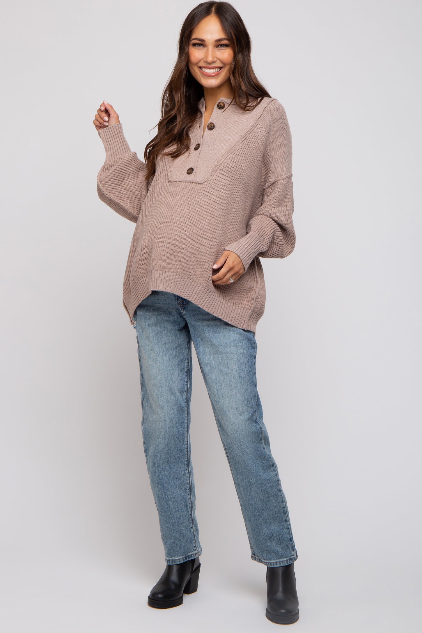 Beige Half Button Up Maternity Sweater
