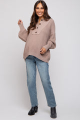 Beige Half Button Up Maternity Sweater