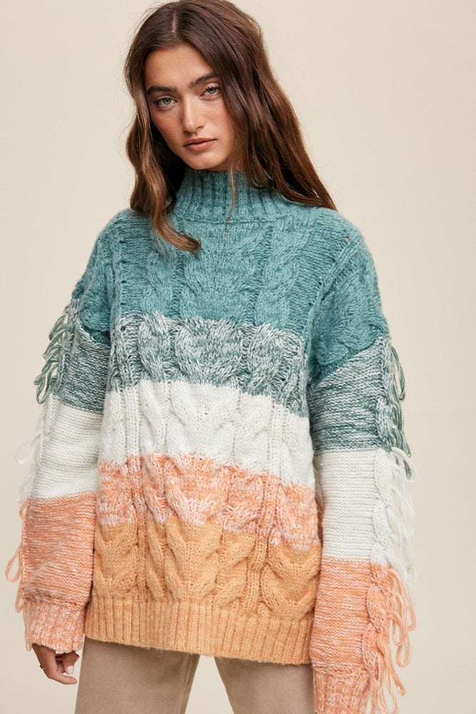 Green Multi Chunky Cable Knit Striped Fringe Detail Sweater
