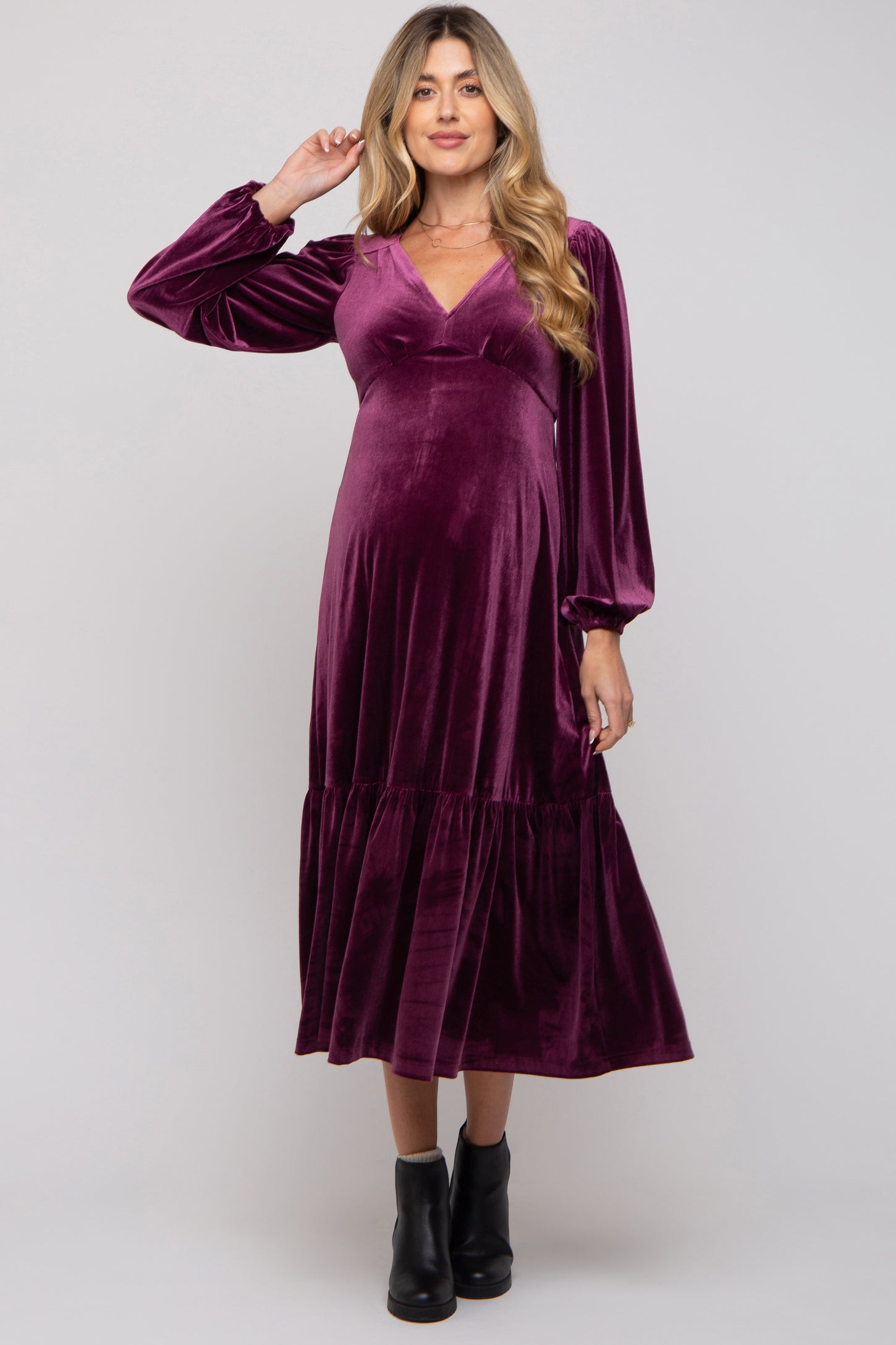 Magenta V-Neck Ruffle Hem Velvet Maternity Midi Dress