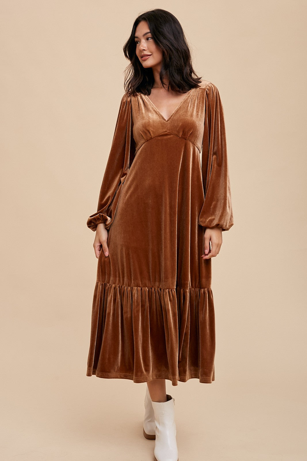 Camel V-Neck Ruffle Hem Velvet Maternity Midi Dress PinkBlush Camel V-Neck Ruffle Hem Velvet Maternity Midi Dress PinkBlush