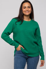 Emerald Green Waffle Knit Round Hem Sweater