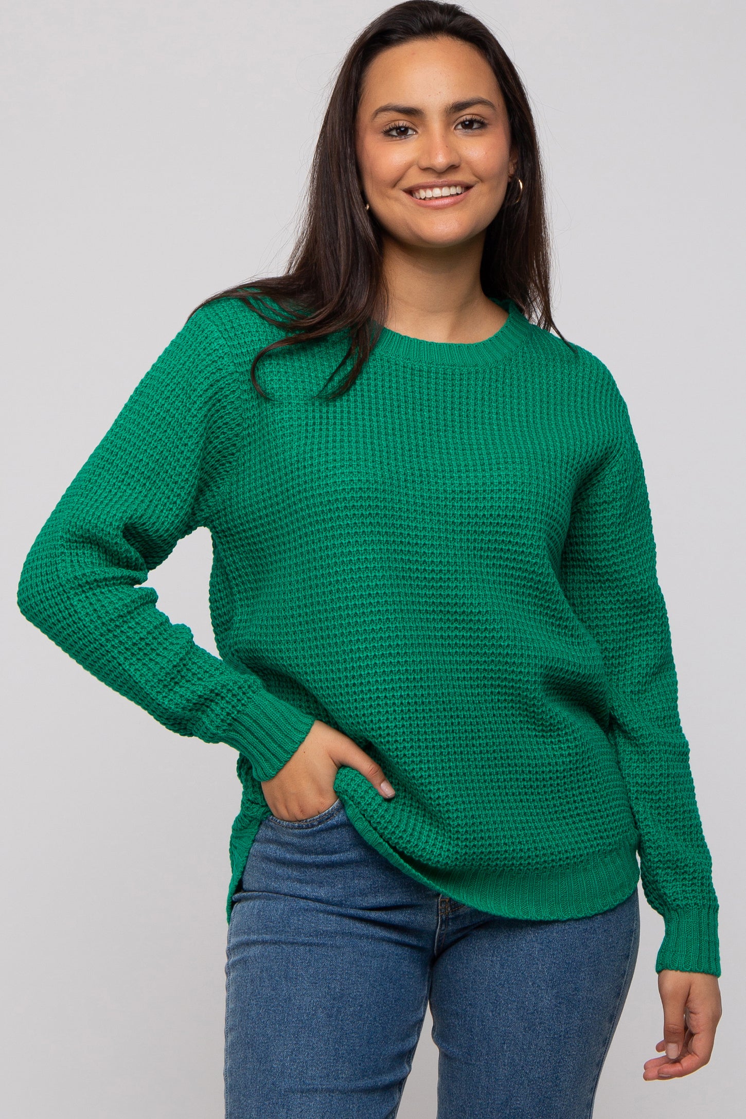 Emerald Green Waffle Knit Round Hem Maternity Sweater– PinkBlush