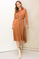 Brown Satin Belted Midi Dress